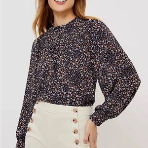 LOFT Floral Ruffle Neck Blouse - Navy - Size Large